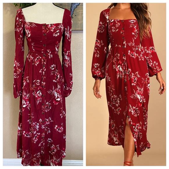 NWOT Lulus Total Perfection Burgundy Floral Print Tie-Back Midi Dress - Picture 10 of 11